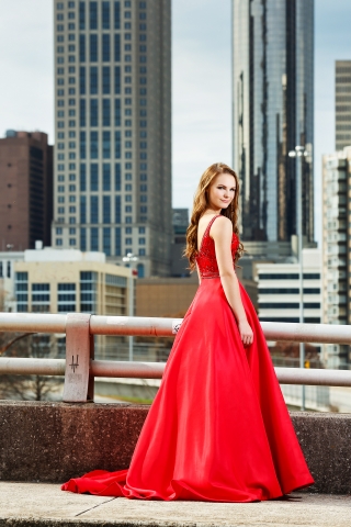 Senior in a red dress in Atlanta, Georgia